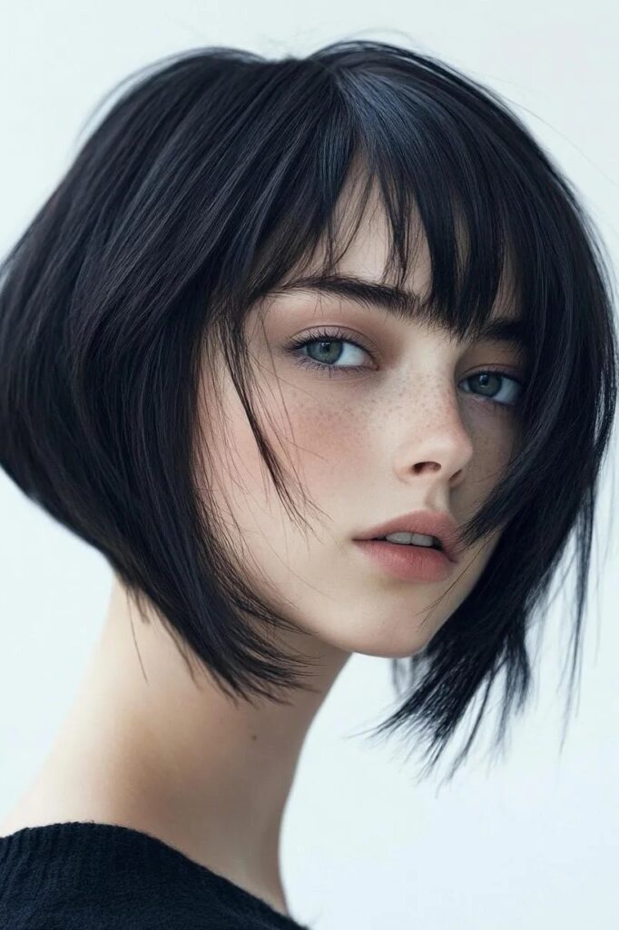 Textured Dark Bob with Soft Wispy Bangs