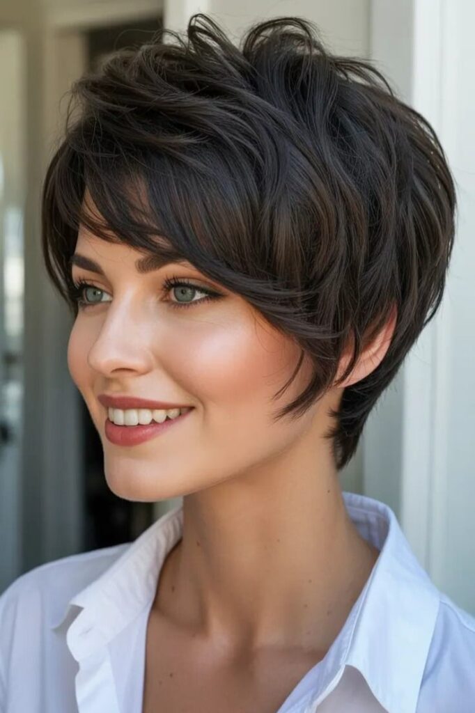 Textured Dark Brown Pixie Cut with Side-Swept Bangs