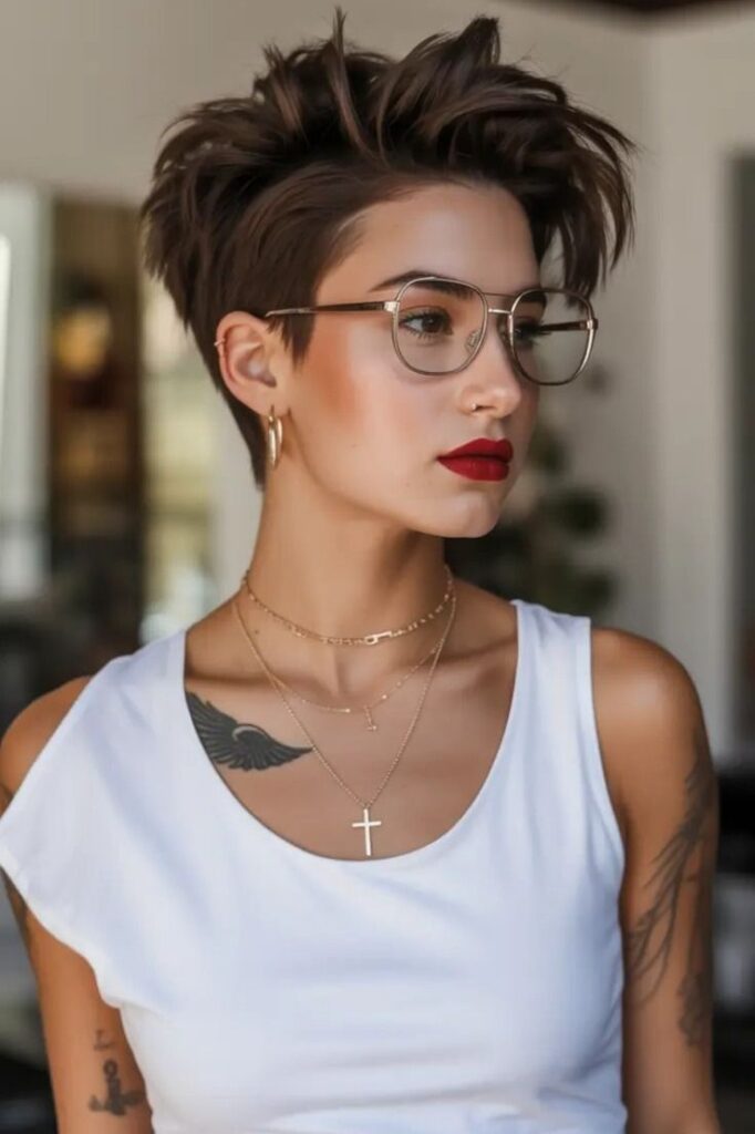 Textured Dark Brown Pixie with Voluminous Crown Layers