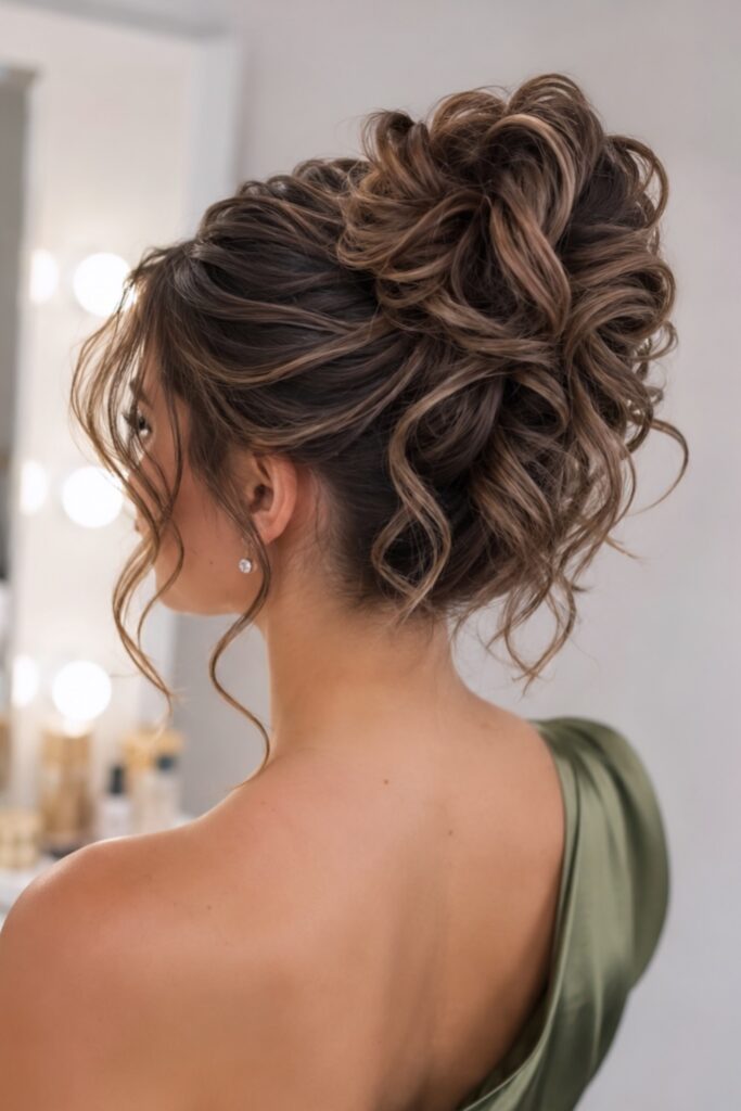 Textured High Curly Updo with Loose Framing Strands