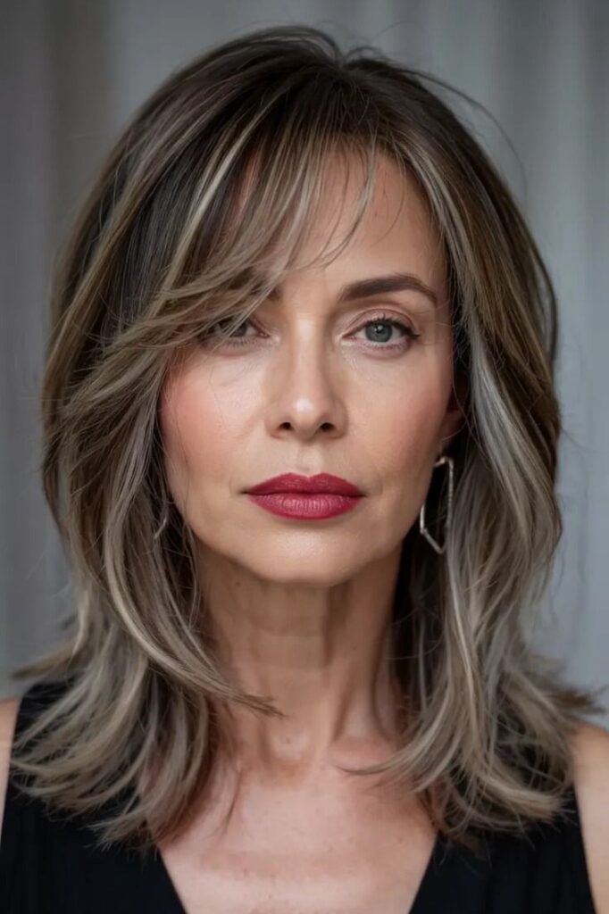 Textured Layered Medium-Length Cut with Side-Swept Bangs