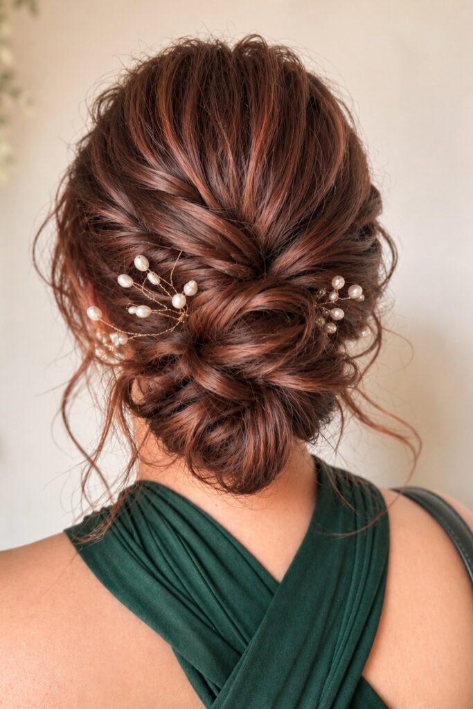Textured Low Bun with Pearl Pin Accents