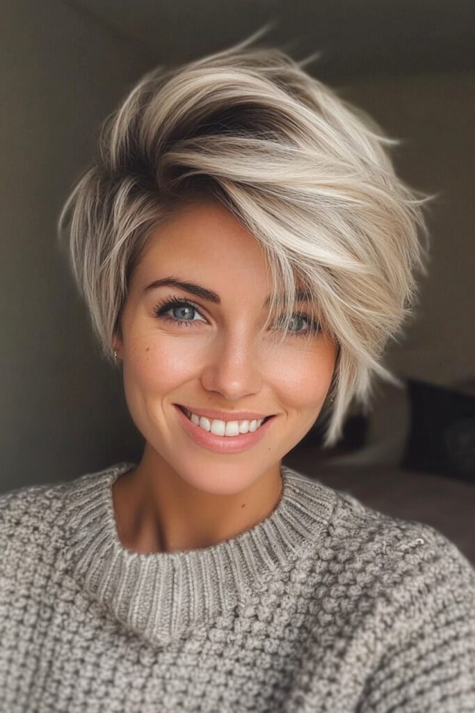 Textured Platinum Blonde Pixie with Side-Swept Bangs