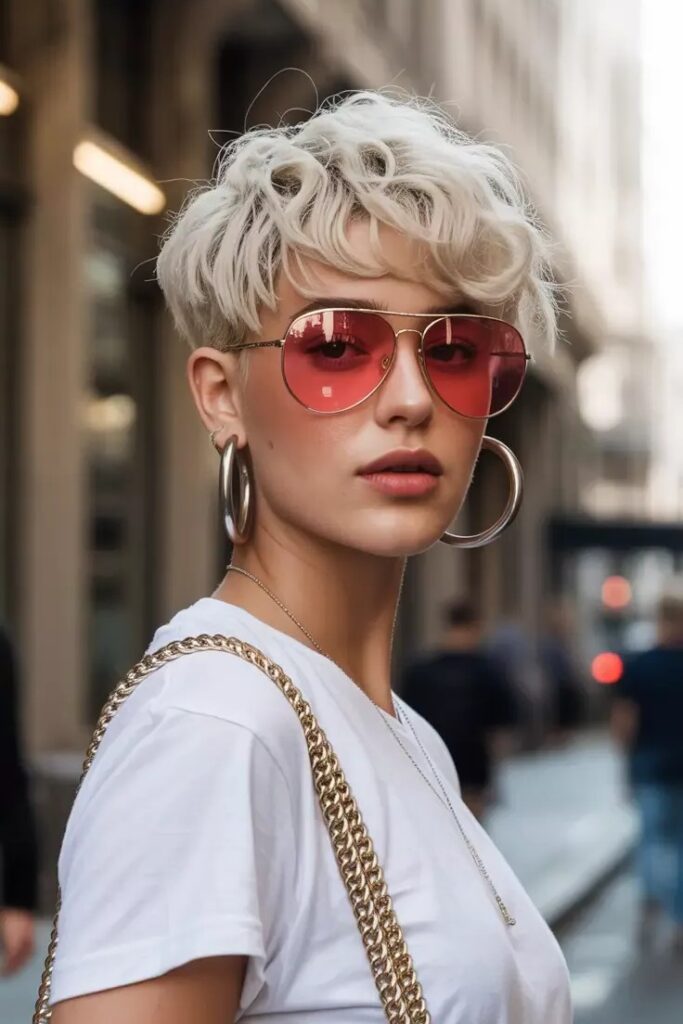 Textured Platinum Pixie with Soft Curls and Pink Aviator Sunglasses