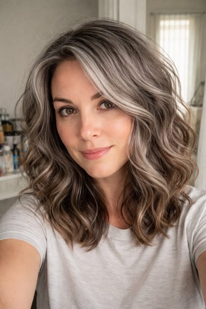 Textured Shoulder-Length Hair with Silver-Gray Highlights