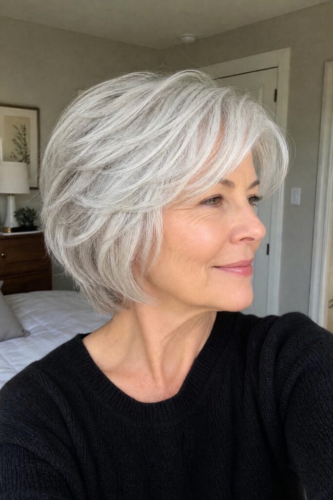 28. Textured Silver Layered Bob with Side Part