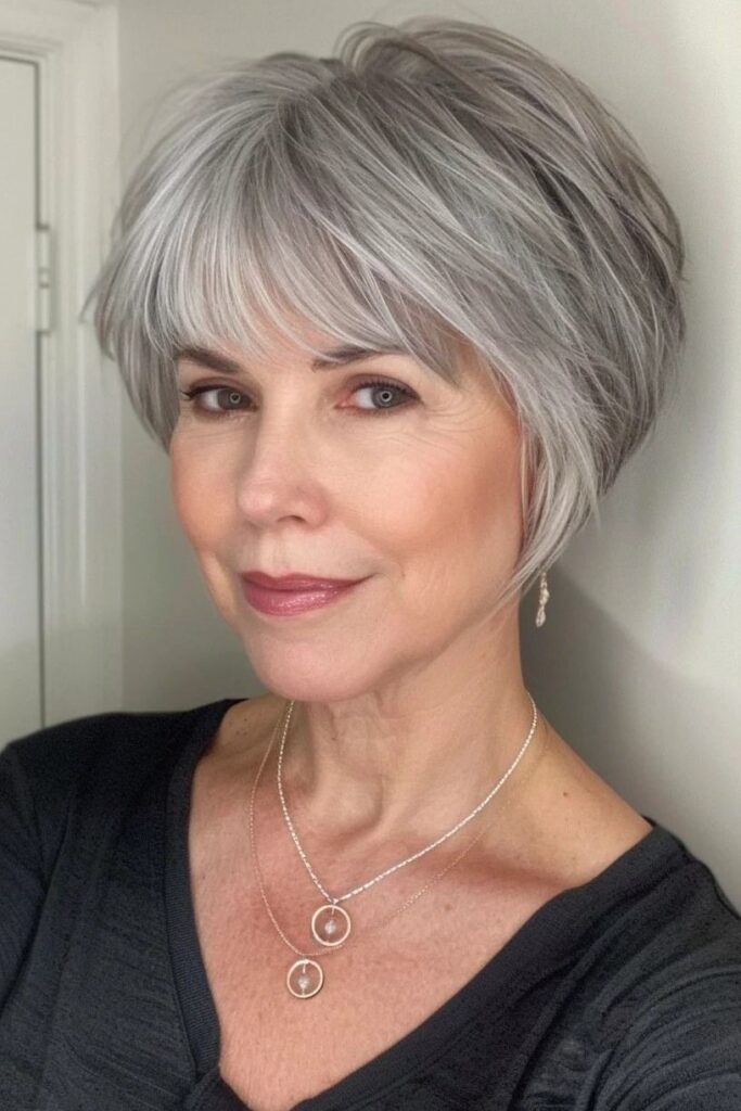 11. Textured Silver Pixie Bob with Side-Swept Bangs