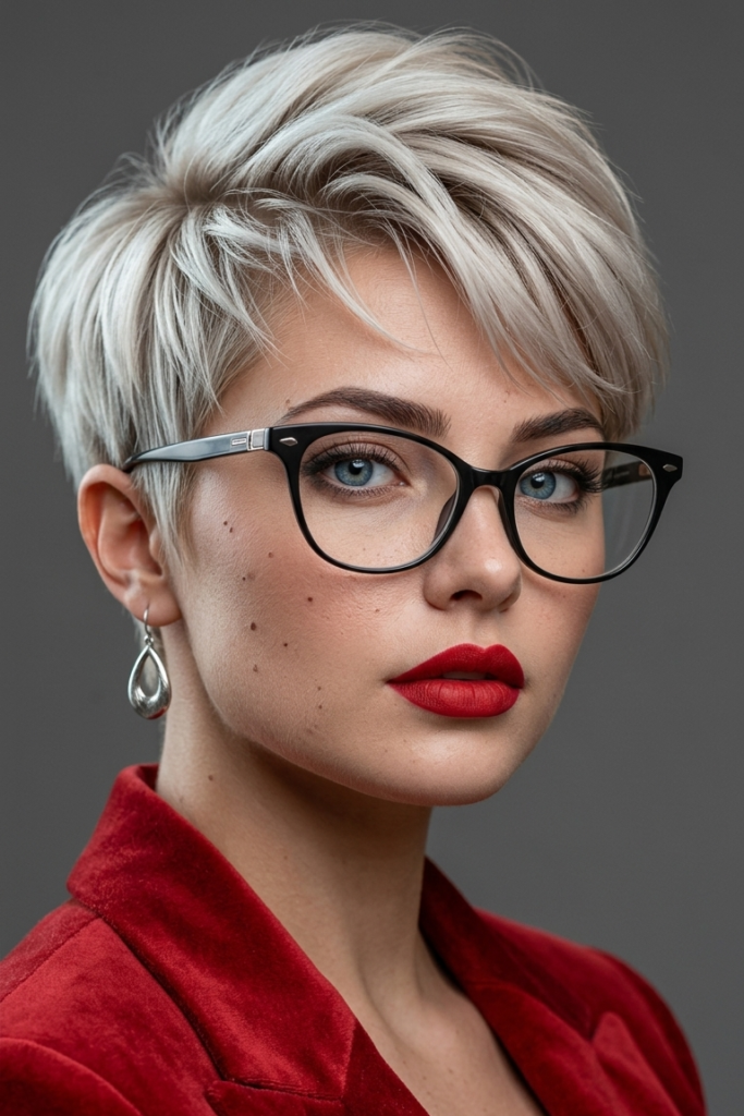 Textured Silver Pixie Cut with Soft Volume and Red Lips