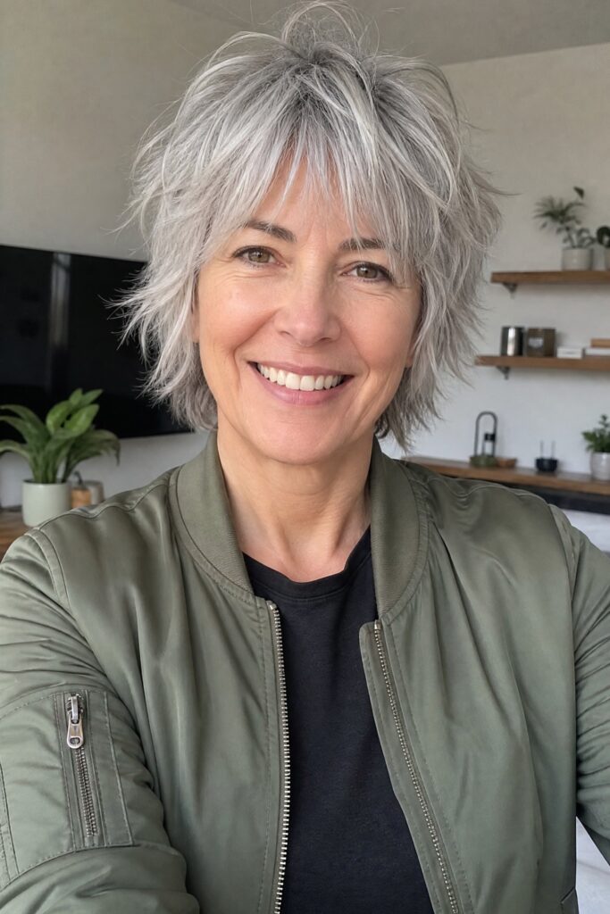 Textured Silver Shag Bob with Bangs