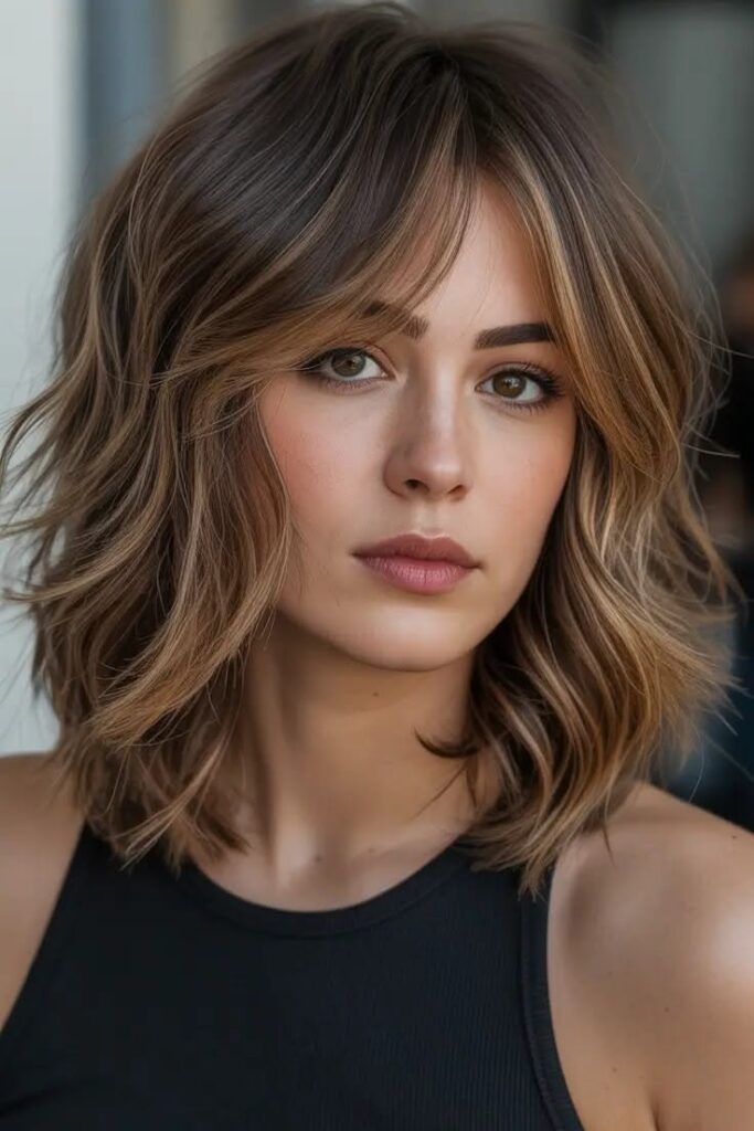  Textured Wavy Bob with Layered Bangs and Highlights