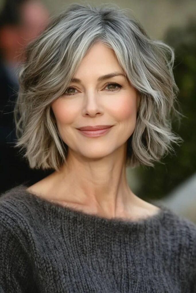 Textured Wavy Silver Bob with Center Parting