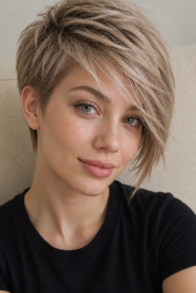 Tousled Ash Blonde Pixie Cut with Piece-y Bangs