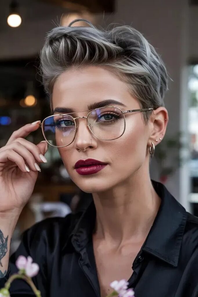 Tousled Ash-Gray Pixie with Elevated Crown and Dark Blazer