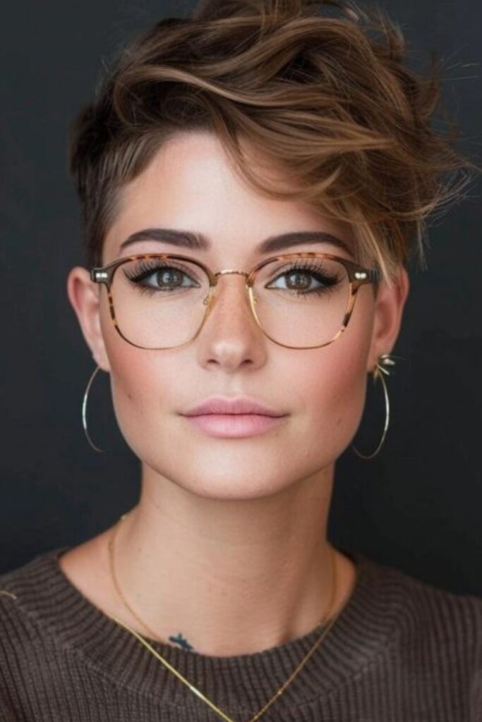 Tousled Brown Pixie Cut with Volume and Thin Highlights