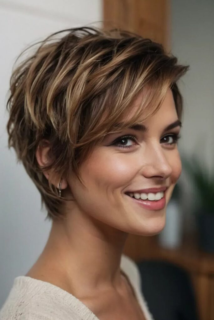 Tousled Pixie Cut with Highlights and Side-Swept Bangs