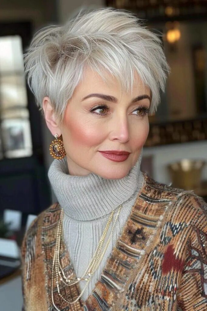 Tousled Silver Pixie Cut with Side-Swept Bangs