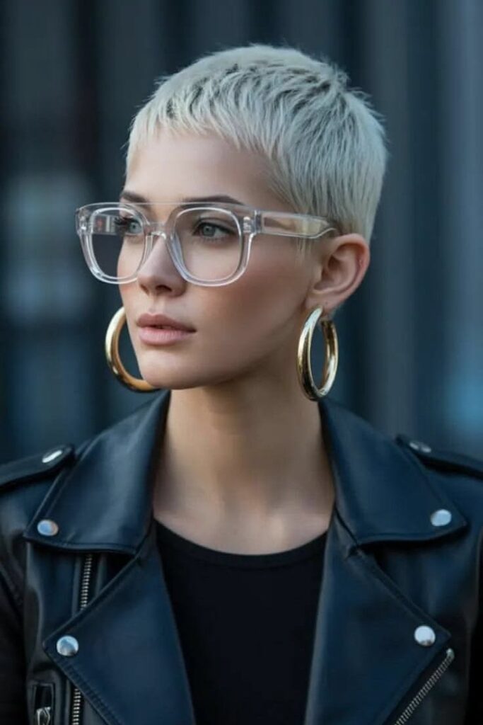 Very Short Platinum Blonde Buzz Cut and Pixie Hybrid