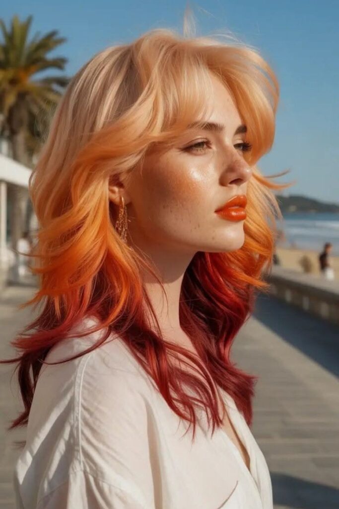 Vibrant Sunset Ombre Layered Hair with Curtain Bangs
