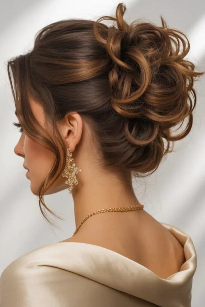 Voluminous Curly Updo with Face-Framing Tendrils
