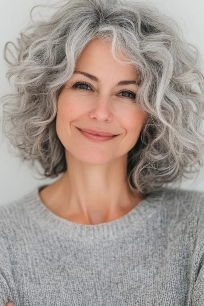 Voluminous Gray Curly Bob with Soft Bangs