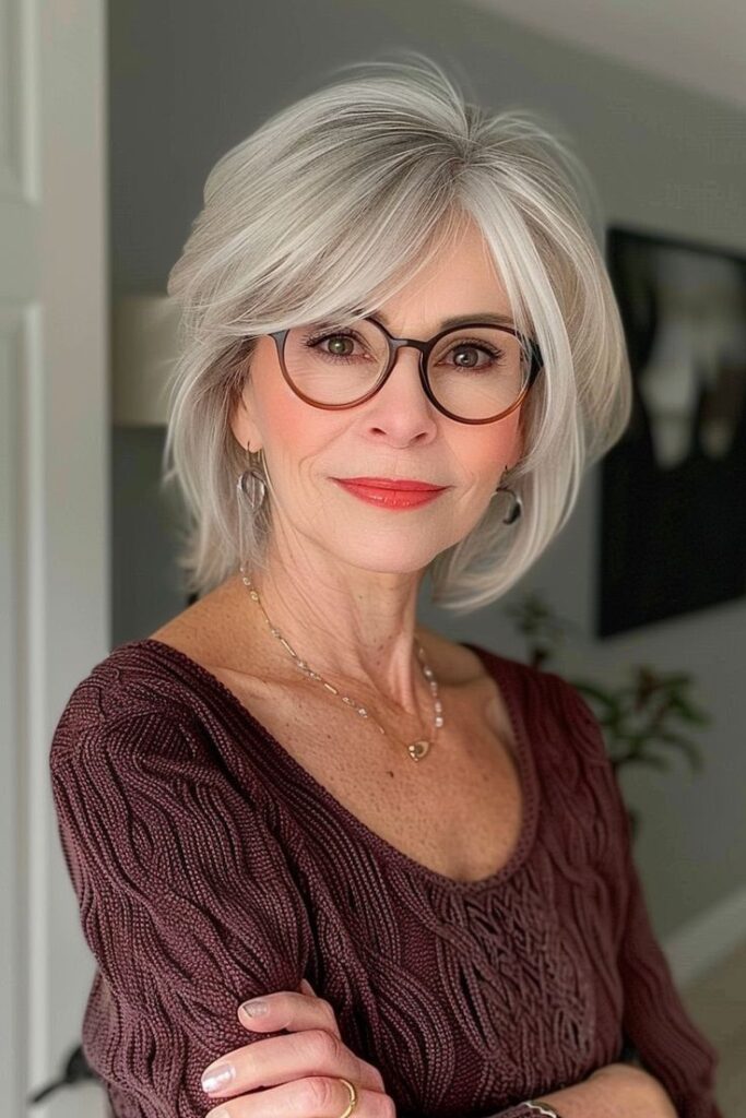 29. Voluminous Grey Shag with Glasses and Side-Swept Bangs
