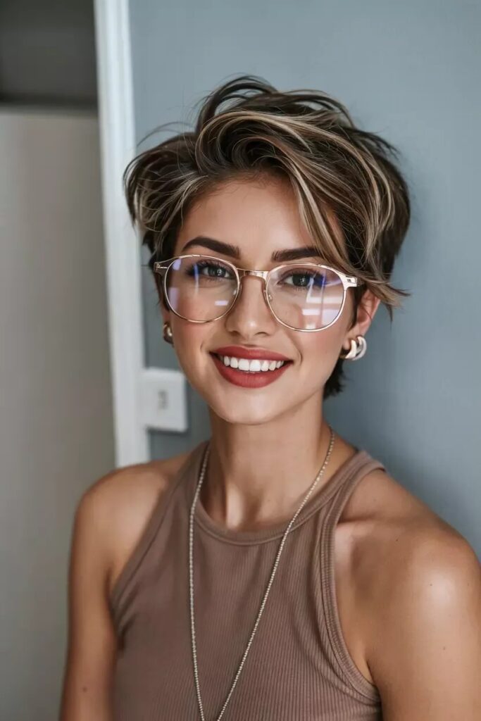 Voluminous Highlighted Pixie with Textured Side-Swept Layers