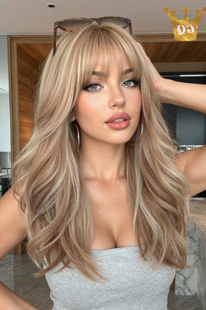 Voluminous Layered Blonde Hair with Wispy Bangs