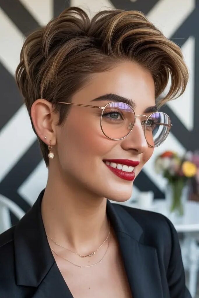 Voluminous Layered Brown Pixie with Side-Swept Bangs