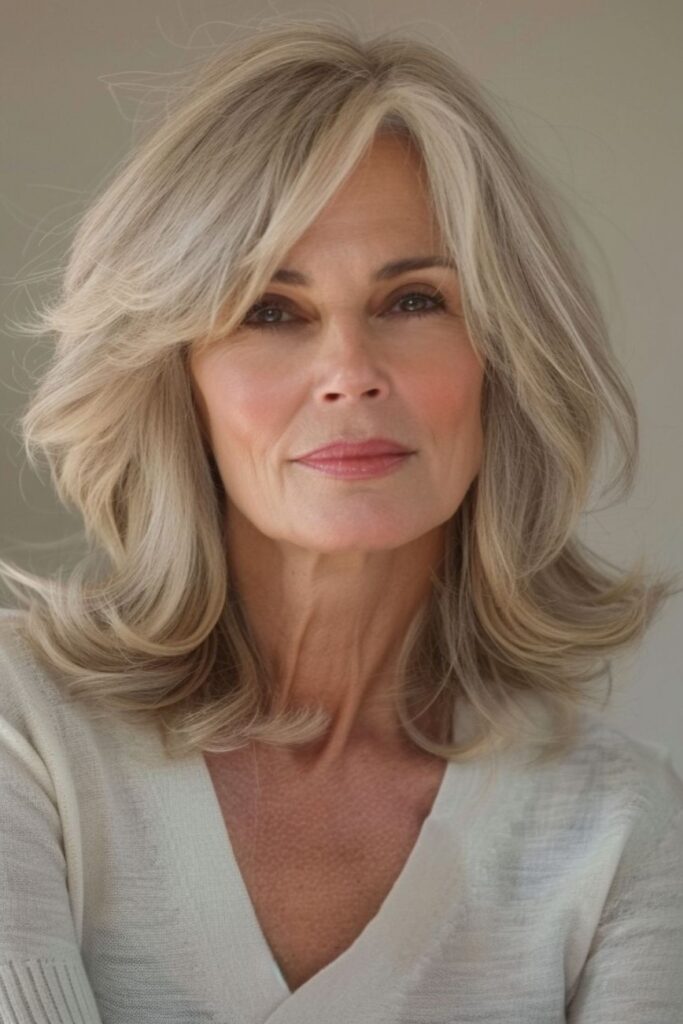 Voluminous Layered Lob with Blonde Curtain Bangs