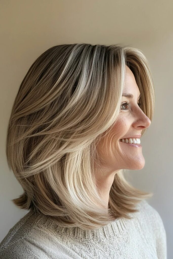 Voluminous Layered Lob with Blonde Highlights