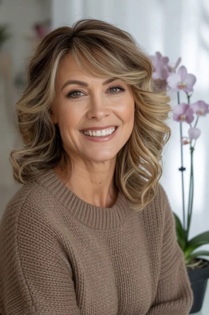 Voluminous Medium-Length Layered Hairstyle with Side Part