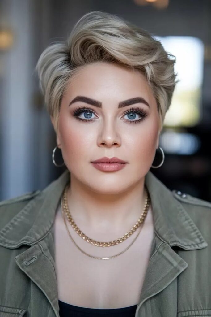 48. Voluminous Platinum Blonde Pixie with Lifted Top