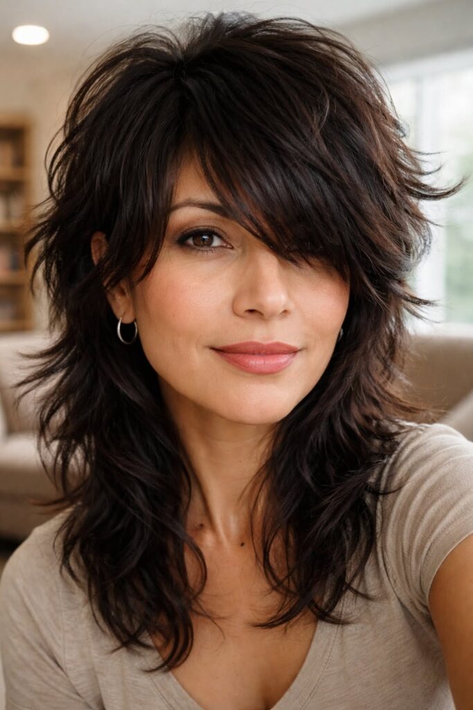 22. Voluminous Shaggy Cut with Deep Side-Swept Bangs