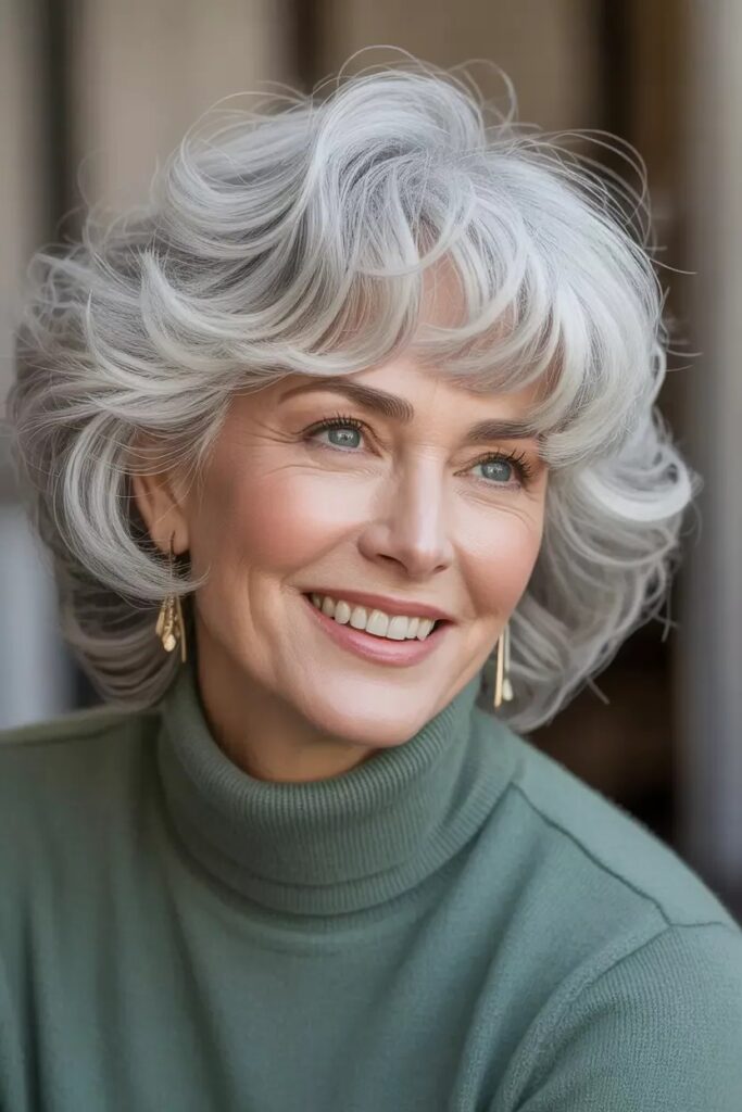 Voluminous Silver Bob with Soft Curls and Side Part