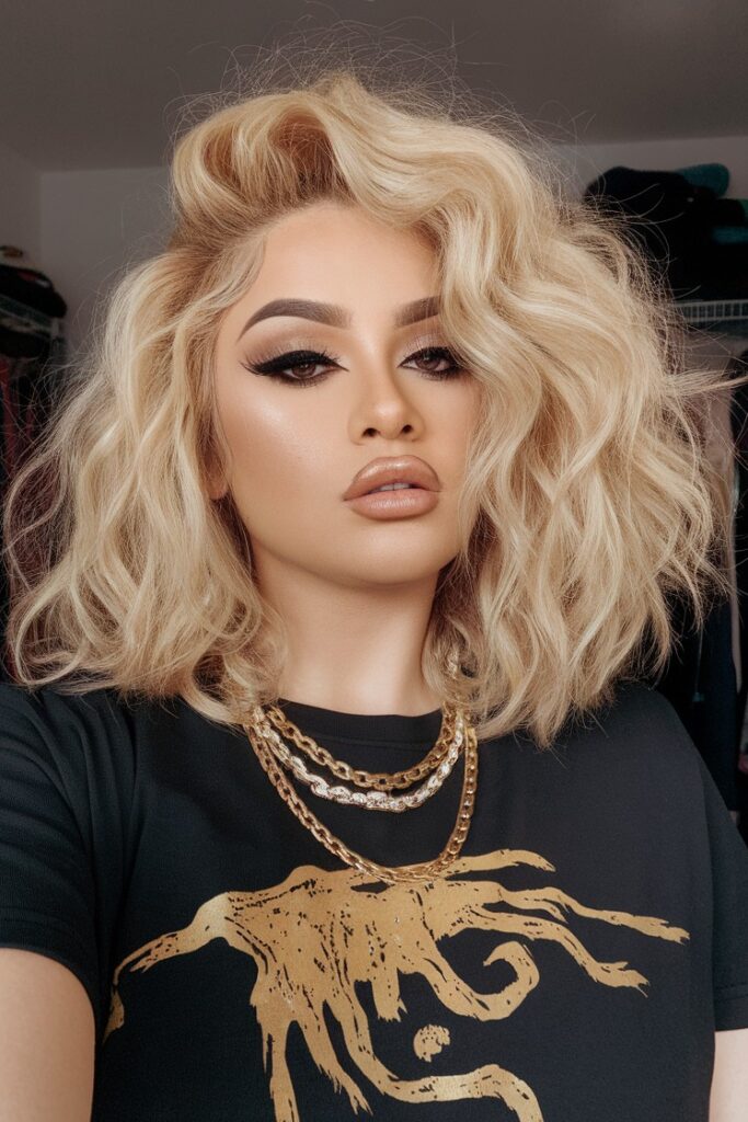 Voluminous Textured Blonde Bob with Deep Side Part