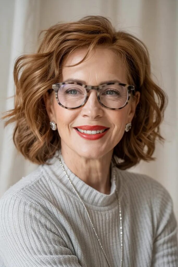 Warm Auburn Wavy Bob with Tortoiseshell Glasses