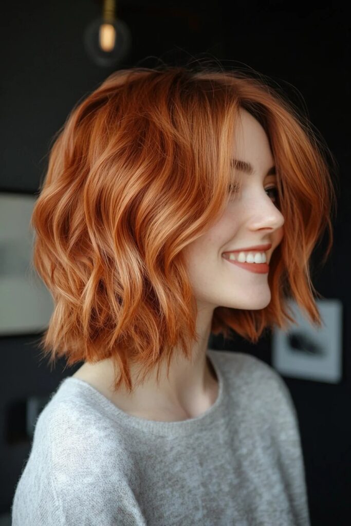 Wavy Copper Bob with Textured Ends