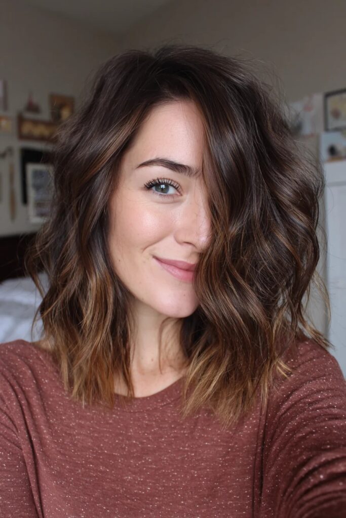 Wavy Textured Dark Brown Bob with Highlights