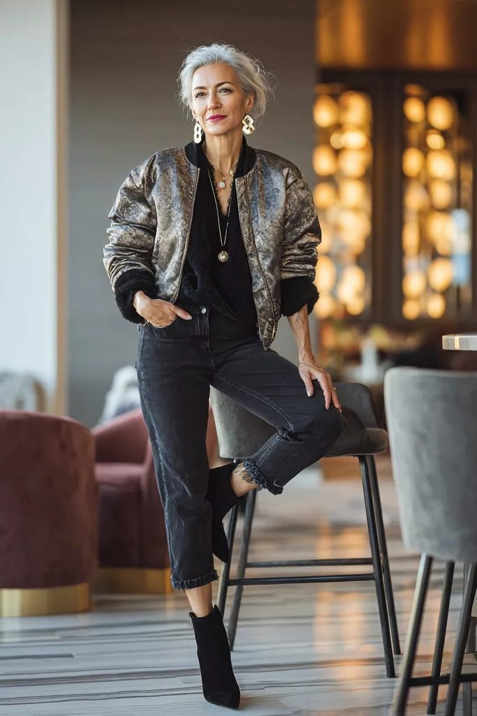 A metallic bomber jacket with fur trim gives cropped jeans instant evening polish.