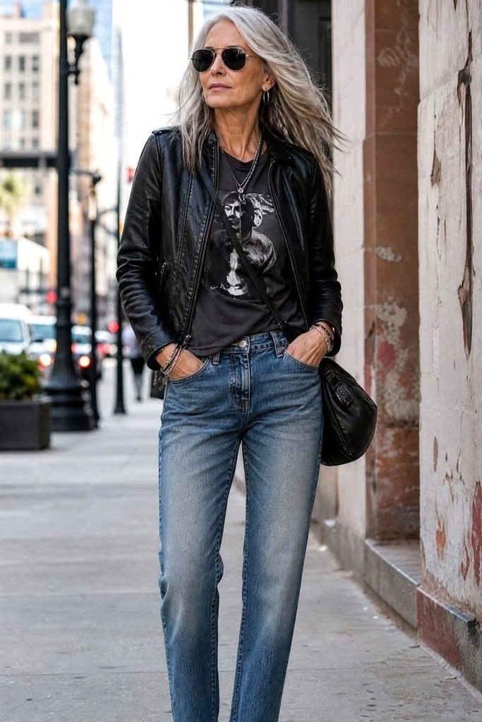 A black leather moto jacket over a graphic tee is the fastest route to timeless edge.