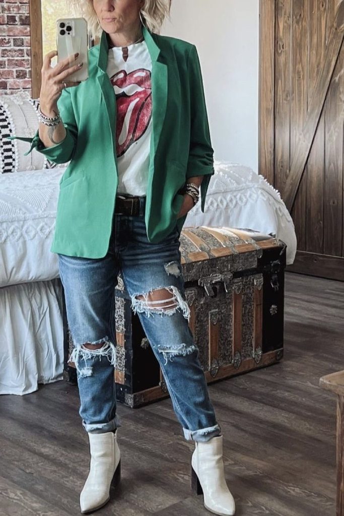 A bright blazer over a graphic tee and ripped jeans keeps rock style playful and easy.
