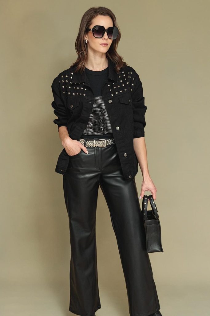 Silver studs and a rhinestone top layer turn a simple denim jacket into a statement piece.