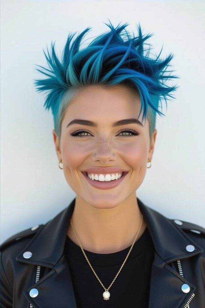 Bright Blue Spiky Pixie Cut with Short Undercut Sides