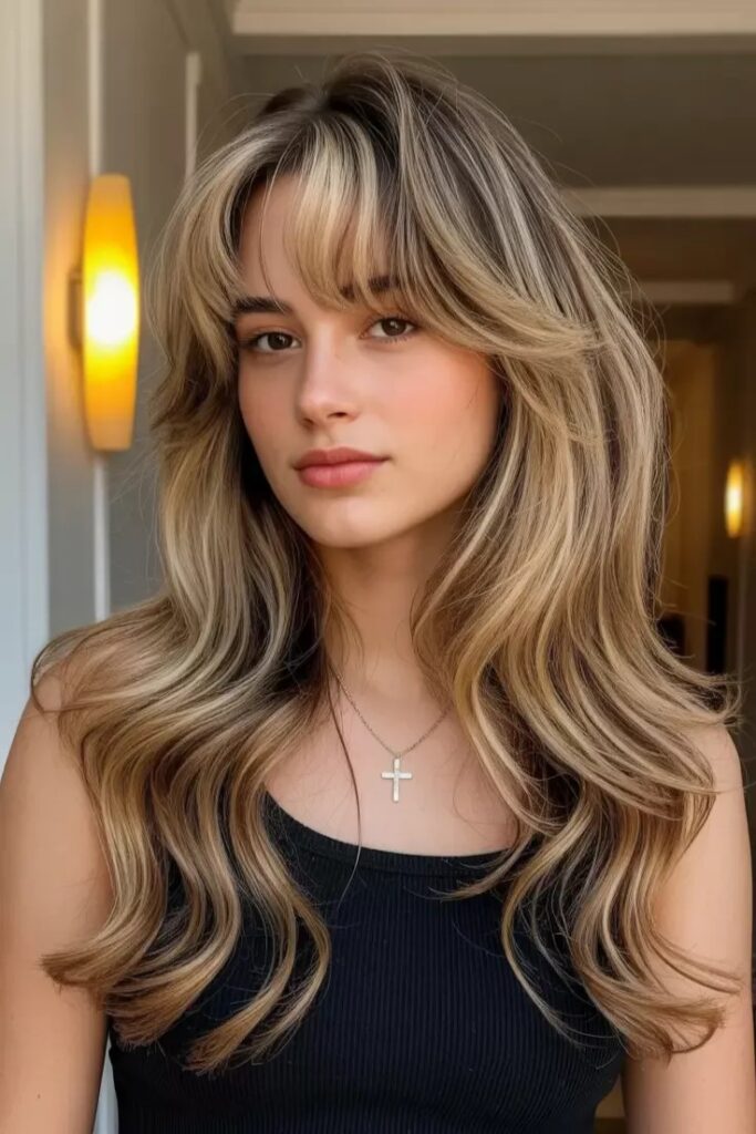 Long Layered Hair with Full Bangs and Highlights