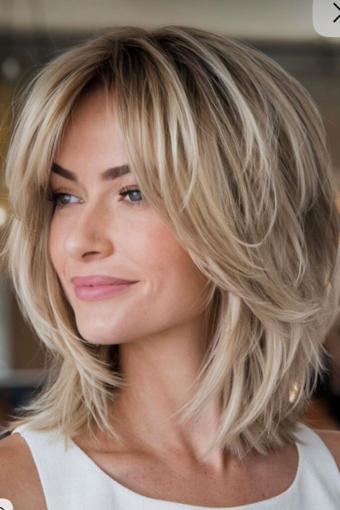Shaggy Layered Shoulder-Length Bob with Curtain Bangs