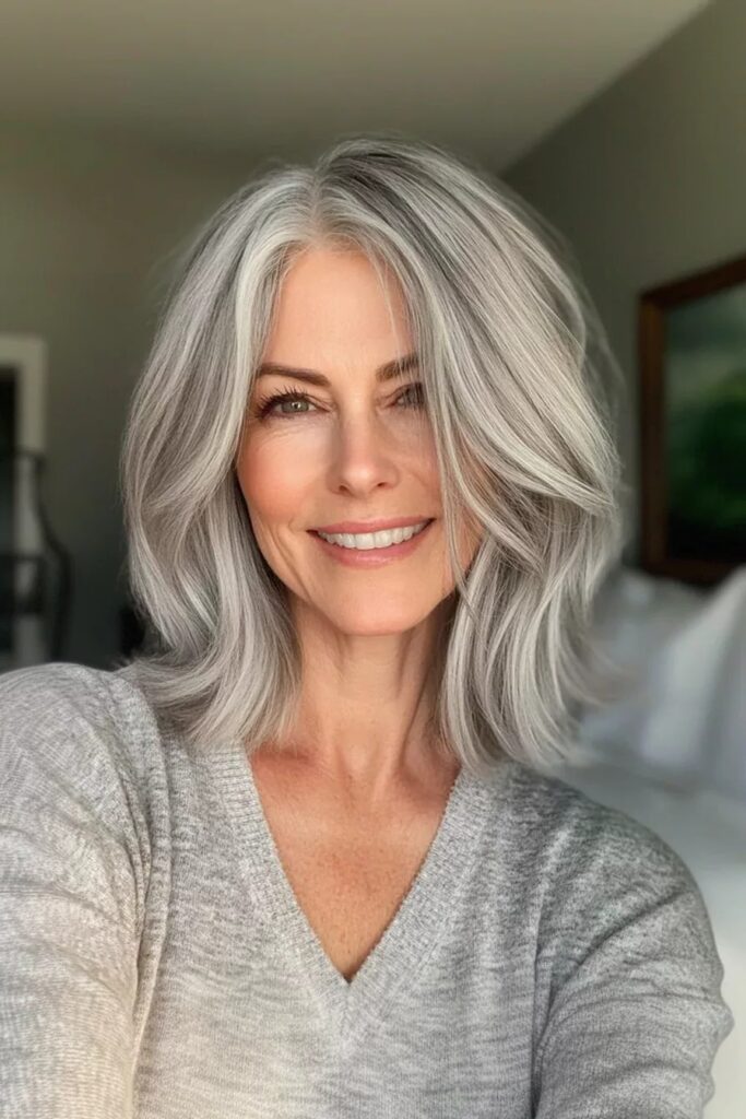 Shoulder-Length Layered Hair with Center Part and Gentle Waves