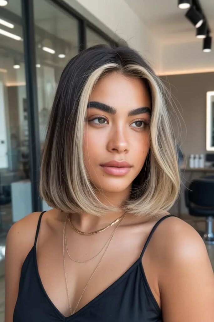 Sleek Rounded Bob with Bright Blonde Money Pieces