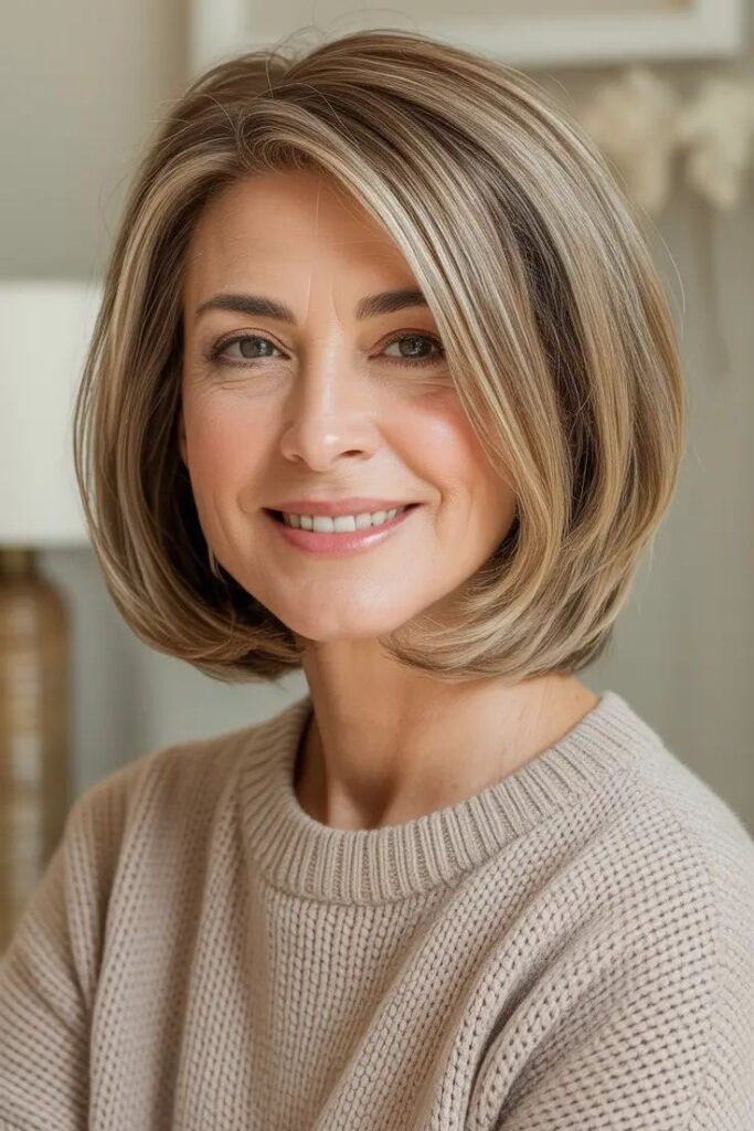 Sleek Rounded Bob with Subtle Blonde Highlights