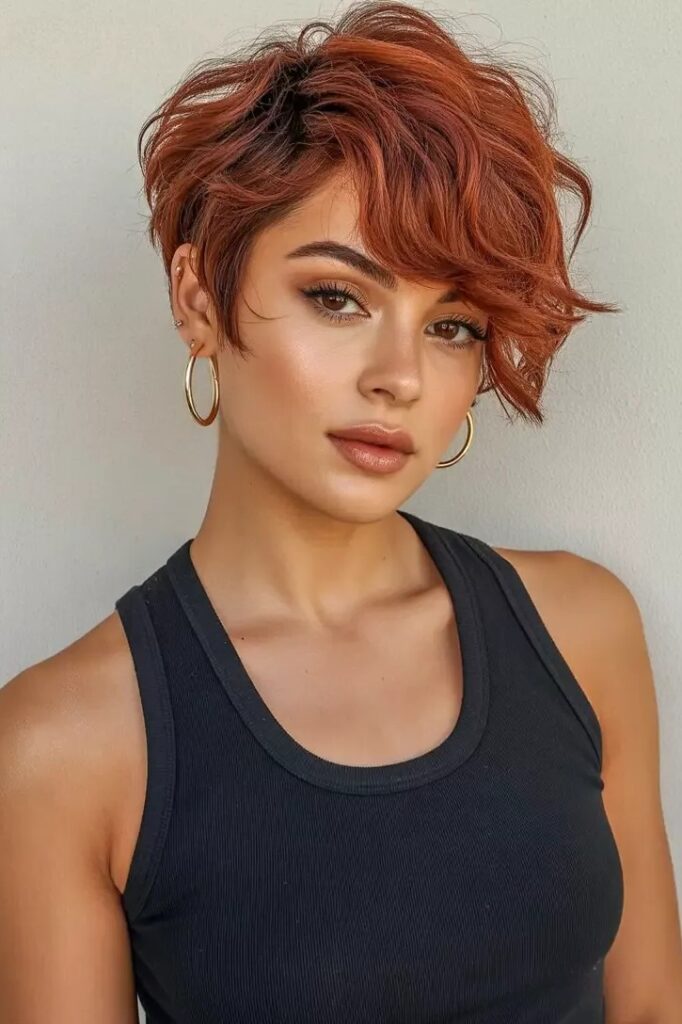 Textured Copper Pixie Cut with Side-Swept Bangs