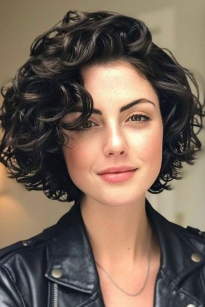 Textured Dark Curly Bob with Side Part